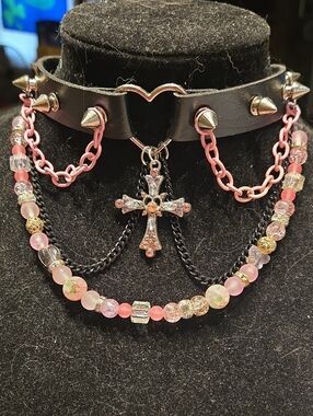 Pink & Black Spiked Heart Choker Necklace with Crystal Cross